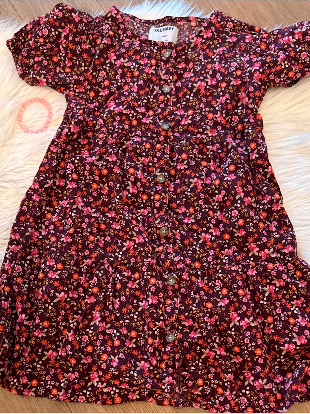 Old Navy Burgundy Floral Button-Front Girls' Dress with Pink Accents